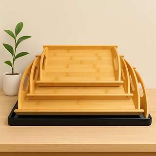 Kit 3 Bandejas de Bambu Retangular com Alç0a de Servir