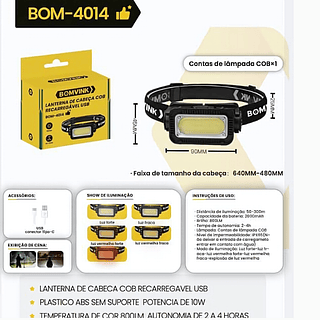 LANTERNA DE CABEÇA COB RECARREGAVEL USB