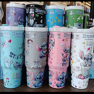 Copo Stitch Cores Variadas 1200ml com Alça Fechada e Tampa