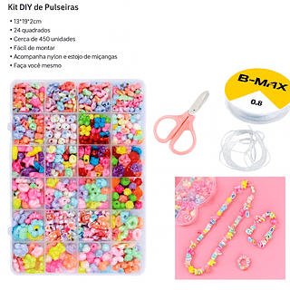 Kit DIY Pulseiras de Miçangas 24 quadrados + Fio de Nylon e Tesoura