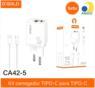Carregador Completo Turbo 40W Duas Entradas Cabo Tipo C