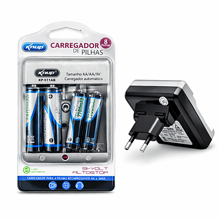 Carregador Pilhas Knup + 2 Pilhas AA e 2 Pilhas AAA Recarregáveis Bivolt