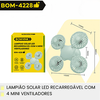 Lampião Solar Led Recarregável com 4 mini Ventiladores