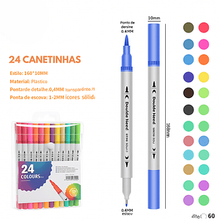 Kit Canetinha 2 em 1 ponta Fina e Grossa (24 peças)