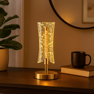 Luminária LED Cristal Luxo com Base Dourada 3 Modos de Cor Recarregável