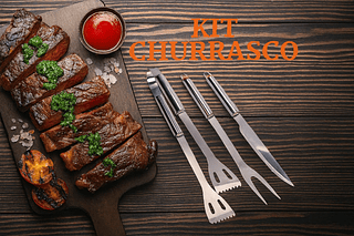Kit Churrasco 3 Peças Aço Inox inclui Garfo, Faca, Pegador e Estojo