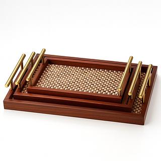 Jogo de 3 Bandejas De Madeira e Bamboo com Alças Douradas (VARIADO)