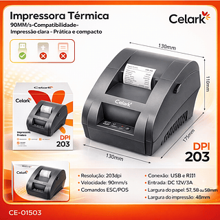 Impressora Térmica Celark 203 DPI USB + RJ11 58mm – Alta Velocidade para PDV e Cupom Fiscal
