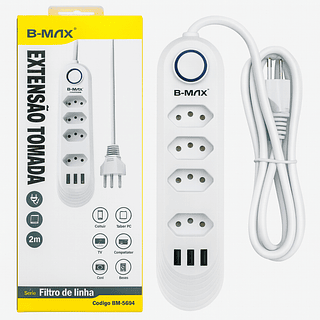 Extensão 4 Tomadas + 3 Usb Régua Cabo 2m