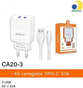 Carregador Turbo 5.1A 2USB TIPO-C AGOLD