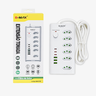 Extensão Filtro de Linha 2M 6 Tomadas 3 USB e 3 Type-c