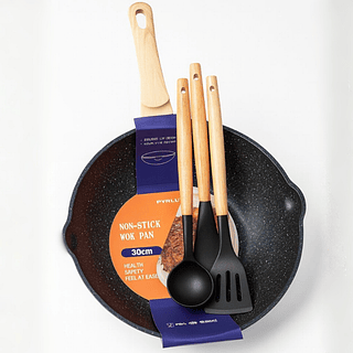 Frigideira Antiaderente 30cm com Cabo de Madeira + Kit 3 Utensílios