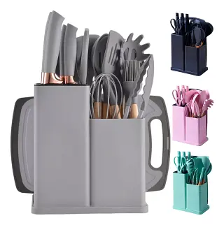 Kit Conjunto Utensílios Cozinha Silicone Facas Tabua 19 Pç cor mista (MODELO MAIOR)