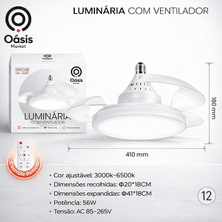 Ventilador De Teto Retrátil 56W Silencioso Lâmpada LED 3 Cores