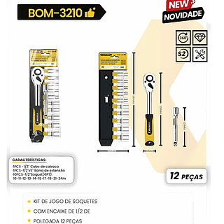 KIT DE JOGO DE SOQUETES COM ENCAIXE DE 1/2 DE POLEGADAS 12 PEÇAS