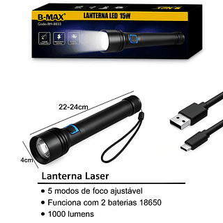 Lanterna Tática Led 5 Modos de foco Ajustavel 15W B-MAX