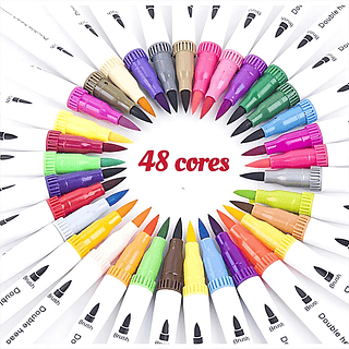 Kit Canetinha 48 Cores Ponta Dupla Pincel Brushpen e Ponta Fina 0.4MM