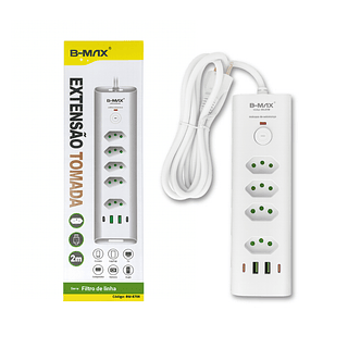 Extensão Filtro de Linha 2M 5 Tomadas 2 USB 2 Type-c